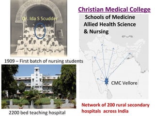 • CMC hospital
• hospitals
CMC Vellore
Network of 200 rural secondary
hospitals across India
1909 – First batch of nursing students
2200 bed teaching hospital
Dr. Ida S Scudder
Christian Medical College
Schools of Medicine
Allied Health Science
& Nursing
 