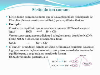Efeito do íon comum
 Efeito do íon comum é o nome que se dá à aplicação do princípio de Le
Chatelier (deslocamento do equilíbrio) para equilíbrios iônicos.
 Exemplo
Considere o equilíbrio que se estabelece quando HCN é colocado em
água: HCN H+ + CN–
Vamos supor agora que se adicione à solução cianeto de sódio (NaCN).
Como NaCN é iônico, sua dissociação é total:
NaCN → Na+ + CN–
 O íon CN– oriundo do cianeto de sódio é comum ao equilíbrio do ácido;
logo, sua concentração aumentará, o que provocará o deslocamento do
equilíbrio para a esquerda, no sentido de formar
HCN, diminuindo, portanto, a ionização do ácido.
 