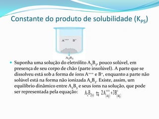 Constante do produto de solubilidade (KPS)
 Suponha uma solução do eletrólito A2B3, pouco solúvel, em
presença de seu corpo de chão (parte insolúvel). A parte que se
dissolveu está sob a forma de íons A+++ e B=, enquanto a parte não
solúvel está na forma não ionizada A2B3. Existe, assim, um
equilíbrio dinâmico entre A2B3 e seus íons na solução, que pode
ser representada pela equação:
 