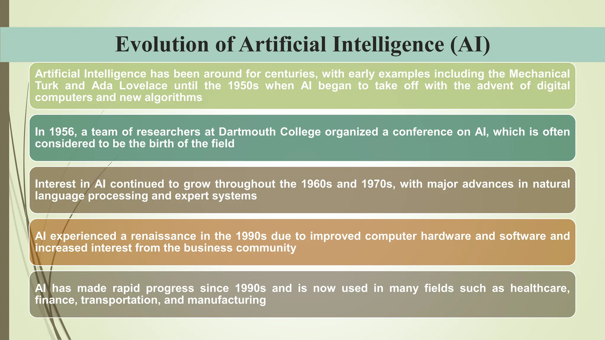 Evolution of Artificial Intelligence (AI)
Artificial Intelligence has been around for centuries, with early examples including the Mechanical
Turk and Ada Lovelace until the 1950s when AI began to take off with the advent of digital
computers and new algorithms
In 1956, a team of researchers at Dartmouth College organized a conference on AI, which is often
considered to be the birth of the field
Interest in AI continued to grow throughout the 1960s and 1970s, with major advances in natural
language processing and expert systems
AI experienced a renaissance in the 1990s due to improved computer hardware and software and
increased interest from the business community
AI has made rapid progress since 1990s and is now used in many fields such as healthcare,
finance, transportation, and manufacturing
 