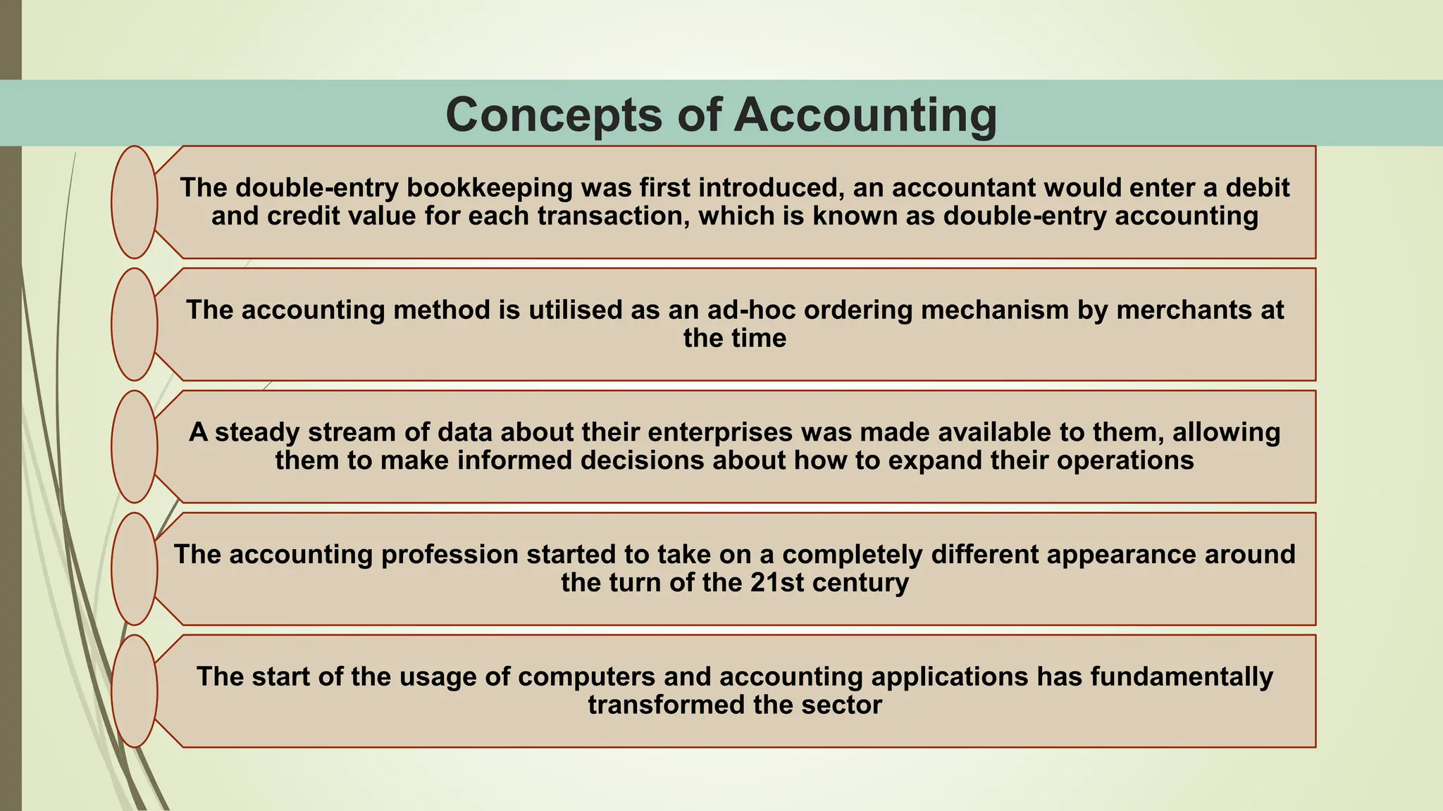 Concepts of Accounting
The double-entry bookkeeping was first introduced, an accountant would enter a debit
and credit value for each transaction, which is known as double-entry accounting
The accounting method is utilised as an ad-hoc ordering mechanism by merchants at
the time
A steady stream of data about their enterprises was made available to them, allowing
them to make informed decisions about how to expand their operations
The accounting profession started to take on a completely different appearance around
the turn of the 21st century
The start of the usage of computers and accounting applications has fundamentally
transformed the sector
 