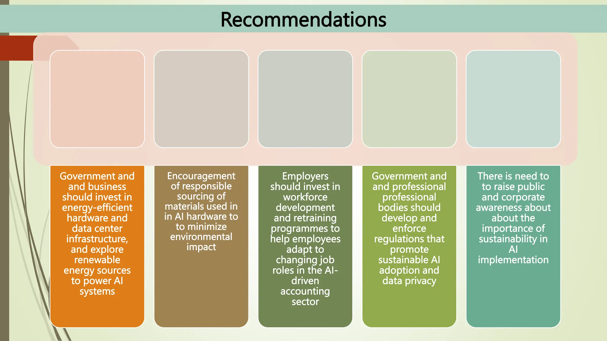 Recommendations
Government and
and business
should invest in
energy-efficient
hardware and
data center
infrastructure,
and explore
renewable
energy sources
to power AI
systems
Encouragement
of responsible
sourcing of
materials used in
in AI hardware to
to minimize
environmental
impact
Employers
should invest in
workforce
development
and retraining
programmes to
help employees
adapt to
changing job
roles in the AI-
driven
accounting
sector
Government and
and professional
professional
bodies should
develop and
enforce
regulations that
promote
sustainable AI
adoption and
data privacy
There is need to
to raise public
and corporate
awareness about
about the
importance of
sustainability in
AI
implementation
 