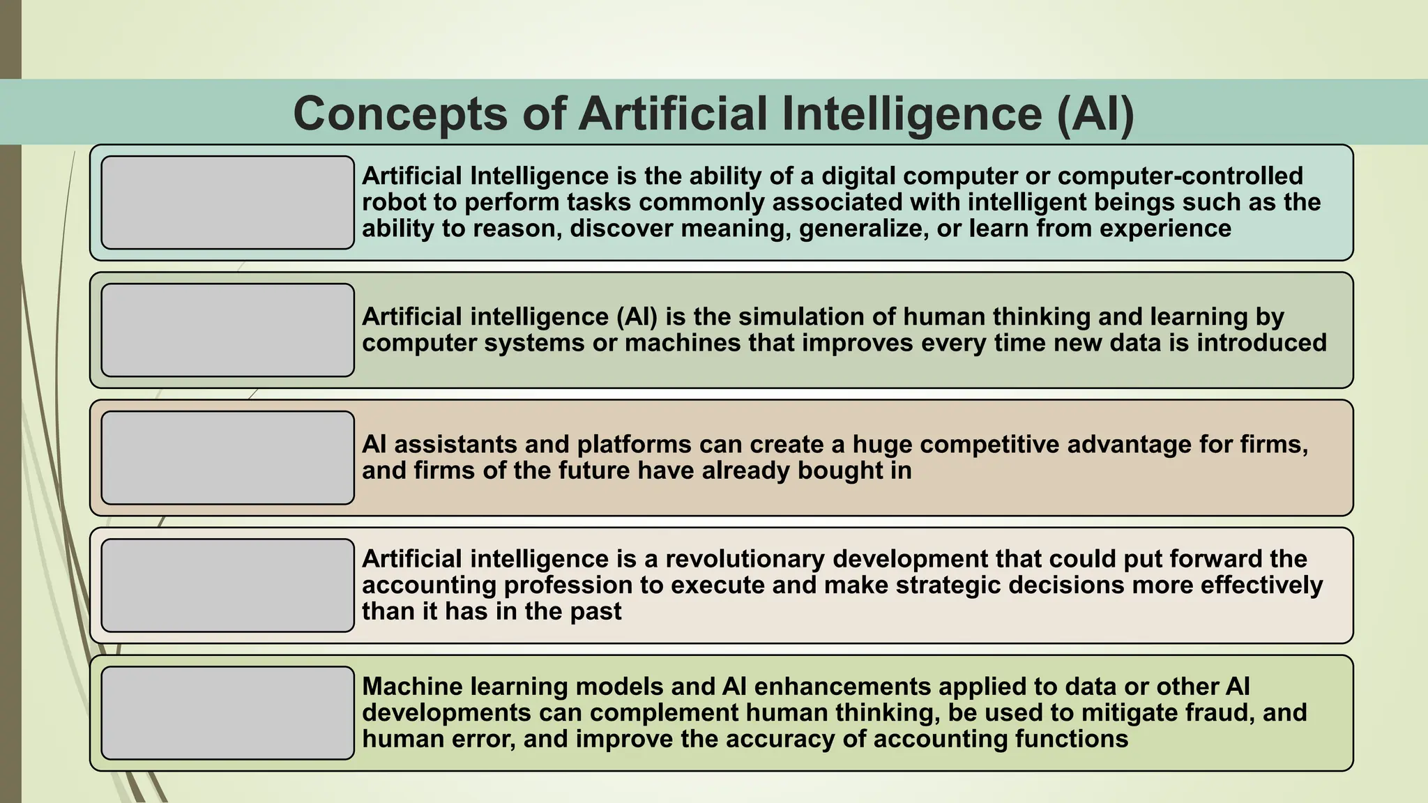 Concepts of Artificial Intelligence (AI)
Artificial Intelligence is the ability of a digital computer or computer-controlled
robot to perform tasks commonly associated with intelligent beings such as the
ability to reason, discover meaning, generalize, or learn from experience
Artificial intelligence (AI) is the simulation of human thinking and learning by
computer systems or machines that improves every time new data is introduced
AI assistants and platforms can create a huge competitive advantage for firms,
and firms of the future have already bought in
Artificial intelligence is a revolutionary development that could put forward the
accounting profession to execute and make strategic decisions more effectively
than it has in the past
Machine learning models and AI enhancements applied to data or other AI
developments can complement human thinking, be used to mitigate fraud, and
human error, and improve the accuracy of accounting functions
 
