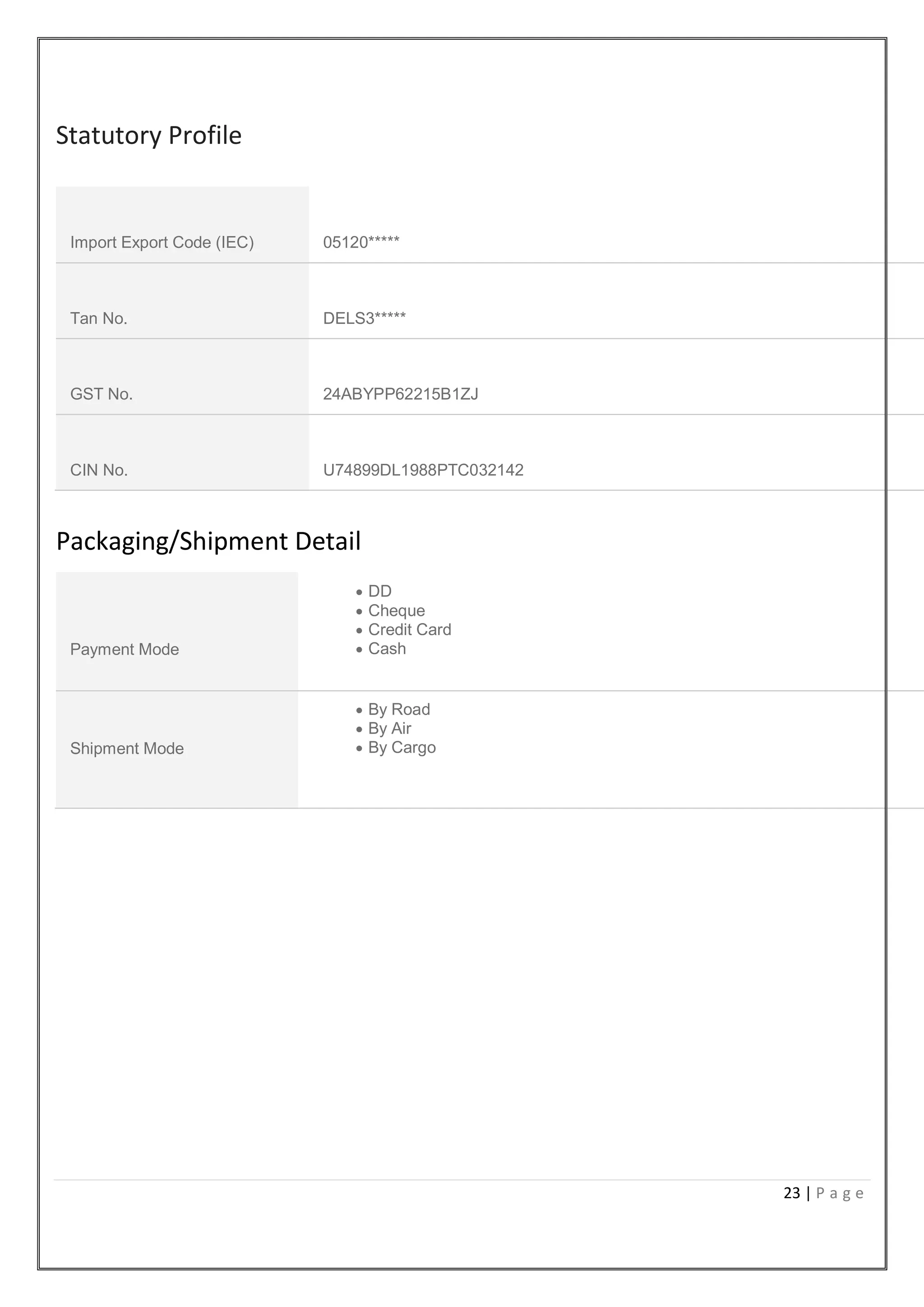 23 | P a g e
Statutory Profile
Import Export Code (IEC) 05120*****
Tan No. DELS3*****
GST No. 24ABYPP62215B1ZJ
CIN No. U74899DL1988PTC032142
Packaging/Shipment Detail
Payment Mode
 DD
 Cheque
 Credit Card
 Cash
Shipment Mode
 By Road
 By Air
 By Cargo
 