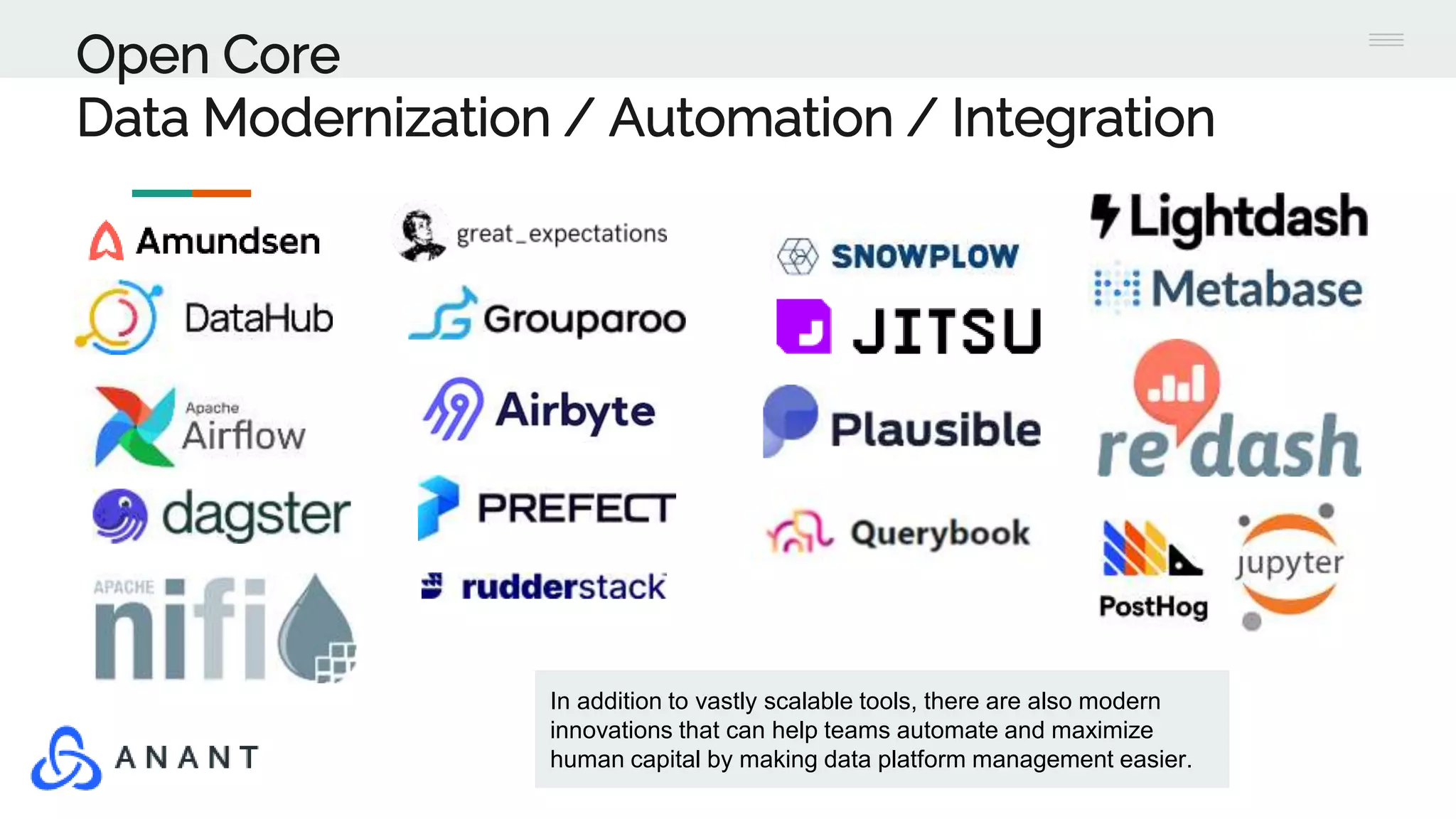 Open Core
Data Modernization / Automation / Integration
In addition to vastly scalable tools, there are also modern
innovations that can help teams automate and maximize
human capital by making data platform management easier.
 