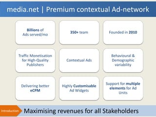 media.net | Premium contextual Ad-network

                 Billions of
                                       350+ team          Founded in 2010
               Ads served/mo




           Traffic Monetisation                             Behavioural &
             for High-Quality        Contextual Ads         Demographic
                 Publishers                                   variability



                                                         Support for multiple
               Delivering better   Highly Customisable
                                                           elements for Ad
                    eCPM               Ad Widgets
                                                                Units



Introduction    Maximising revenues for all Stakeholders
 