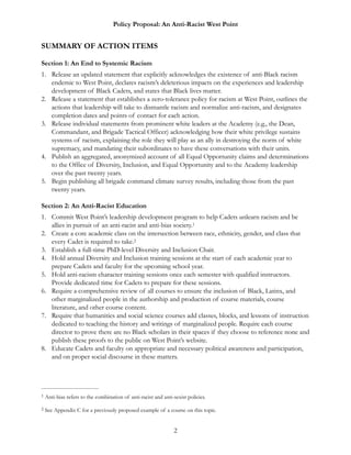 Policy Proposal: An Anti-Racist West Point
SUMMARY OF ACTION ITEMS
Section 1: An End to Systemic Racism
1. Release an upda...