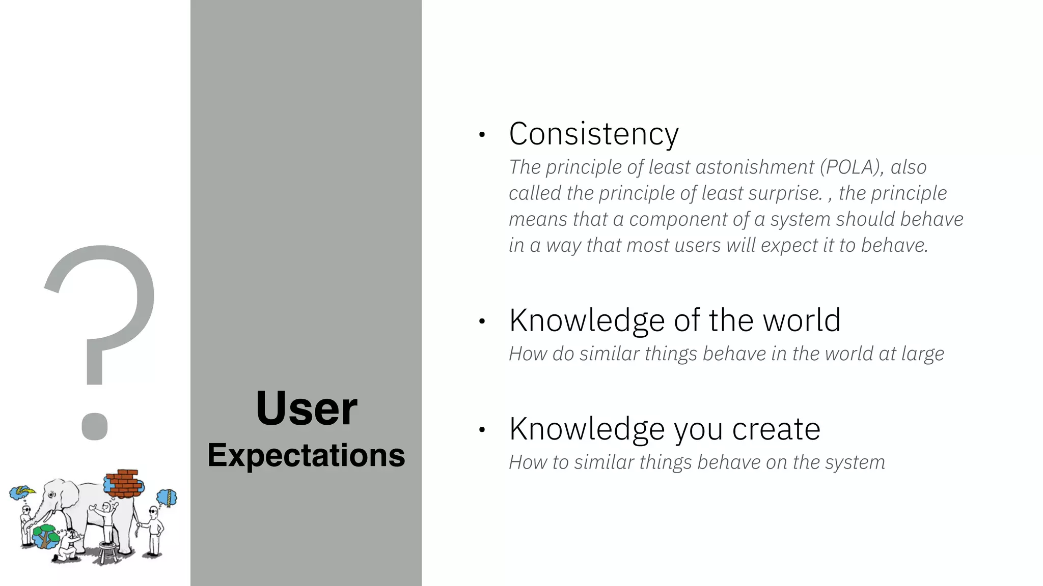 User
Expectations
• Consistency 
The principle of least astonishment (POLA), also
called the principle of least surprise. , the principle
means that a component of a system should behave
in a way that most users will expect it to behave. 
• Knowledge of the world 
How do similar things behave in the world at large 
• Knowledge you create 
How to similar things behave on the system
?
 