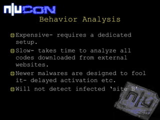 Behavior Analysis Expensive- requires a dedicated setup. Slow- takes time to analyze all codes downloaded from external websites. Newer malwares are designed to fool it- delayed activation etc. Will not detect infected ‘site B’ 