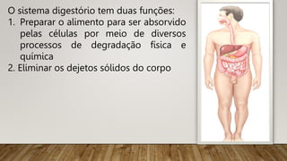O sistema digestório tem duas funções:
1. Preparar o alimento para ser absorvido
pelas células por meio de diversos
processos de degradação física e
química
2. Eliminar os dejetos sólidos do corpo
 