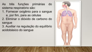As três funções primárias do
sistema respiratório são:
1. Fornecer oxigênio para o sangue
e, por fim, para as células
2. Eliminar o dióxido de carbono do
sangue
3. Auxiliar na regulação do equilíbrio
acidobásico do sangue
 