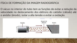 FÍSICA DE FORMAÇÃO DA IMAGEM RADIOGRÁFICA
O vácuo no interior do tubo tem as funções de evitar a redução da
velocidade no deslocamento dos elétrons do catódio (cátodo) até
o anódio (ânodo), isolar a alta tensão e evitar a oxidação.
 