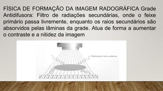 FÍSICA DE FORMAÇÃO DA IMAGEM RADOGRÁFICA Grade
Antidifusora: Filtro de radiações secundárias, onde o feixe
primário passa livremente, enquanto os raios secundários são
absorvidos pelas lâminas da grade. Atua de forma a aumentar
o contraste e a nitidez da imagem
 