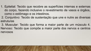 1. Epitelial: Tecido que recobre as superfícies internas e externas
do corpo, fazendo inclusive o revestimento de vasos e órgãos,
como o estômago e os intestinos.
2. Conjuntivo: Tecido de sustentação que une e nutre as diversas
estruturas
3. Muscular: Tecido que forma a maior parte de um músculo 4.
Nervoso: Tecido que compõe a maior parte dos nervos e centros
nervosos
 