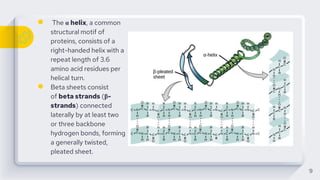 ● The α helix, a common
structural motif of
proteins, consists of a
right-handed helix with a
repeat length of 3.6
amino acid residues per
helical turn.
● Beta sheets consist
of beta strands (β-
strands) connected
laterally by at least two
or three backbone
hydrogen bonds, forming
a generally twisted,
pleated sheet.
9
 