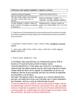 1 Diferenças entre agências reguladoras e agências executivas:
AGÊNCIAS REGULADORAS AGÊNCIAS EXECUTIVAS
Têm sido criadas sempre como autarquias
sob regime especial (pelo menos as
federais).
Podem ser autarquias “comuns” ou
“especiais”, ou, ainda, fundações públicas.
Só estão obrigadas a celebrar contrato de
gestão se houver tal exigência na respectiva
lei instituidora.
Obrigatoriamente celebram contrato de
gestão com o Poder Público (art. 37, § 8º da
CF).
2 - É legítimoque alei disciplinadorade umaempresapúblicaautorize aposteriorinstituição
de subsidiárias,desde que antecipe oobjetoaque se destinarão,consoante ajurisprudência
dominante doSTF
3 concorrência, tomada de preços, convite, concurso e leilão: modalidades de licitação
(Art.22)
4 - menor preço, melhor técnica, técnica e preço e maior lance ou oferta: tipos de
licitação (Art.45, § 1º)
5 - Prazo do direito administrativo 5 dias
6 O professor Hely Lopes Meireles, em trabalho publicado em 1975 na
Revista do Tribunal de Contas do Distrito federal. ensina:
“Controle administrativo é todo aquele que o Executivo e os órgãos de
Administração dos demais poderes exercem sobre suas próprias atividades,
visando mantê-las dentro da lei, segundo as necessidades do serviço e as
exigências técnicas de sua realização, pelo que é um controle de legalidade,
de conveniência e de eficiência.
Sob esses três aspectos pode e deve operar-se o controle administrativo,
para que a atividade única atinja a sua finalidade, que é o pleno atendimento
dos interesses coletivos a cargo da Administração em geral.
O controle administrativo pode ser exercido pelos próprios órgãos internos
da Administração (controle hierárquico propriamente dito), como por órgãos
externos incumbidos do julgamento dos recursos (tribunais administrativos)
ou das apurações de irregularidades funcionais (órgãos correicionais). Todos
eles, entretanto, são meios de controle administrativo.
 