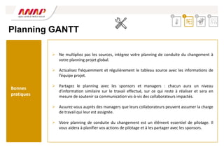 Planning GANTT
 Ne multipliez pas les sources, intégrez votre planning de conduite du changement à
votre planning projet global.
 Actualisez fréquemment et régulièrement le tableau source avec les informations de
l’équipe projet.
 Partagez le planning avec les sponsors et managers : chacun aura un niveau
d’information similaire sur le travail effectué, sur ce qui reste à réaliser et sera en
mesure de soutenir sa communication vis-à-vis des collaborateurs impactés.
 Assurez-vous auprès des managers que leurs collaborateurs peuvent assumer la charge
de travail qui leur est assignée.
 Votre planning de conduite du changement est un élément essentiel de pilotage. Il
vous aidera à planifier vos actions de pilotage et à les partager avec les sponsors.
2 3 4
1
Bonnes
pratiques
 