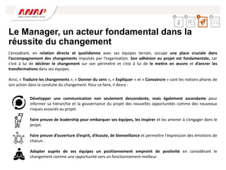 Le Manager, un acteur fondamental dans la
réussite du changement
L’encadrant, en relation directe et quotidienne avec ses équipes terrain, occupe une place cruciale dans
l’accompagnement des changements impulsés par l’organisation. Son adhésion au projet est fondamentale, car
c’est à lui de décliner le changement sur son périmètre et c’est à lui de le mettre en œuvre et d’ancrer les
transformations dans ses équipes.
Ainsi, « Traduire les changements », « Donner du sens », « Expliquer » et « Convaincre » sont les notions phares de
son action dans la conduite du changement. Pour ce faire, il devra :
Développer une communication non seulement descendante, mais également ascendante pour
informer sa hiérarchie et la gouvernance du projet des nouvelles opportunités comme des nouveaux
risques associés au projet.
Faire preuve de leadership pour embarquer ses équipes, les inspirer et les amener à s’engager dans le
projet.
Faire preuve d’ouverture d’esprit, d’écoute, de bienveillance et permettre l’expression des émotions de
chacun.
Adopter auprès de ses équipes un positionnement empreint de positivité en considérant le
changement comme une opportunité vers un fonctionnement meilleur.
2 4
1 3
 