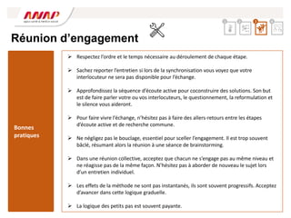 Réunion d’engagement
 Respectez l’ordre et le temps nécessaire au déroulement de chaque étape.
 Sachez reporter l’entretien si lors de la synchronisation vous voyez que votre
interlocuteur ne sera pas disponible pour l’échange.
 Approfondissez la séquence d’écoute active pour coconstruire des solutions. Son but
est de faire parler votre ou vos interlocuteurs, le questionnement, la reformulation et
le silence vous aideront.
 Pour faire vivre l’échange, n’hésitez pas à faire des allers-retours entre les étapes
d’écoute active et de recherche commune.
 Ne négligez pas le bouclage, essentiel pour sceller l’engagement. Il est trop souvent
bâclé, résumant alors la réunion à une séance de brainstorming.
 Dans une réunion collective, acceptez que chacun ne s’engage pas au même niveau et
ne réagisse pas de la même façon. N’hésitez pas à aborder de nouveau le sujet lors
d’un entretien individuel.
 Les effets de la méthode ne sont pas instantanés, ils sont souvent progressifs. Acceptez
d’avancer dans cette logique graduelle.
 La logique des petits pas est souvent payante.
Bonnes
pratiques
2 3 4
1
 