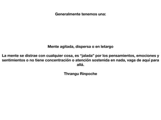 Mente agitada, dispersa o en letargo
La mente se distrae con cualquier cosa, es “jalada” por los pensamientos, emociones y
sentimientos o no tiene concentración o atención sostenida en nada, vaga de aquí para
allá.
Thrangu Rinpoche
Generalmente tenemos una:
 