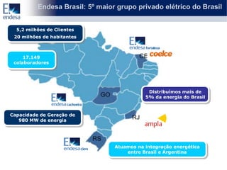 Endesa Brasil: 5º maior grupo privado elétrico do Brasil


  5,2 milhões de Clientes
 20 milhões de habitantes



     17.149
 colaboradores




                                             Distribuímos mais de
                                            5% da energia do Brasil



Capacidade de Geração de
   980 MW de energia




                                 Atuamos na integração energética
                                     entre Brasil e Argentina
 