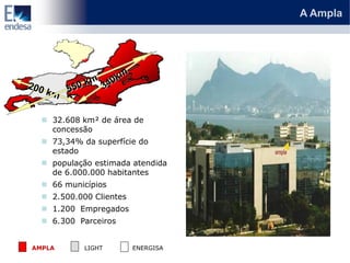A Ampla




   32.608 km² de área de
    concessão
   73,34% da superfície do
    estado
   população estimada atendida
    de 6.000.000 habitantes
   66 municípios
   2.500.000 Clientes
   1.200 Empregados
   6.300 Parceiros


AMPLA       LIGHT        ENERGISA
 