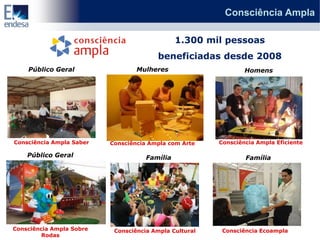 Consciência Ampla

                                               1.300 mil pessoas
                                         beneficiadas desde 2008
    Público Geral                 Mulheres                      Homens




Consciência Ampla Saber   Consciência Ampla com Arte    Consciência Ampla Eficiente

    Público Geral                    Família                    Família




Consciência Ampla Sobre    Consciência Ampla Cultural    Consciência Ecoampla
         Rodas
 