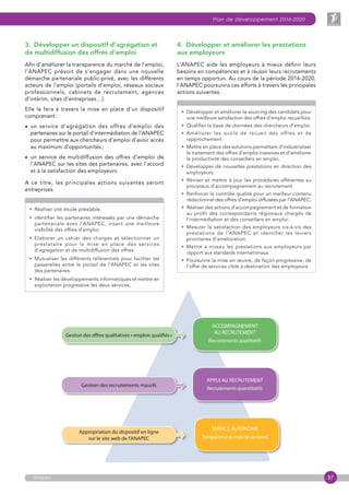 37
Plan de développement 2016-2020
anapec
3.  Développer un dispositif d’agrégation et
de multidiffusion des offres d’emploi
Afin d’améliorer la transparence du marché de l’emploi,
l’ANAPEC prévoit de s’engager dans une nouvelle
démarche partenariale public-privé, avec les différents
acteurs de l’emploi (portails d’emploi, réseaux sociaux
professionnels, cabinets de recrutement, agences
d’intérim, sites d’entreprises…).
Elle le fera à travers la mise en place d’un dispositif
comprenant :
• un service d’agrégation des offres d’emploi des
partenaires sur le portail d’intermédiation de l’ANAPEC
pour permettre aux chercheurs d’emploi d’avoir accès
au maximum d‘opportunités ;
• un service de multidiffusion des offres d’emploi de
l’ANAPEC sur les sites des partenaires, avec l’accord
et à la satisfaction des employeurs.
A ce titre, les principales actions suivantes seront
entreprises.
• Réaliser une étude préalable.
• identifier les partenaires intéressés par une démarche
partenariale avec l’ANAPEC, visant une meilleure
visibilité des offres d’emploi.
• Elaborer un cahier des charges et sélectionner un
prestataire pour la mise en place des services
d’agrégation et de multidiffusion des offres.
• Mutualiser les différents référentiels pour faciliter les
passerelles entre le portail de l’ANAPEC et les sites
des partenaires.
• Réaliser les développements informatiques et mettre en
exploitation progressive les deux services.
4.  Développer et améliorer les prestations
aux employeurs
L’ANAPEC aide les employeurs à mieux définir leurs
besoins en compétences et à réussir leurs recrutements
en temps opportun. Au cours de la période 2016-2020,
l’ANAPEC poursuivra ces efforts à travers les principales
actions suivantes.
• Développer et améliorer le sourcing des candidats pour
une meilleure satisfaction des offres d’emploi recueillies.
• Qualifier la base de données des chercheurs d’emploi.
• Améliorer les outils de recueil des offres et de
rapprochement.
• Mettre en place des solutions permettant d’industrialiser
le traitement des offres d’emploi massives et d’améliorer
la productivité des conseillers en emploi.
• Développer de nouvelles prestations en direction des
employeurs.
• Réviser et mettre à jour les procédures afférentes au
processus d’accompagnement au recrutement.
• Renforcer le contrôle qualité pour un meilleur contenu
rédactionnel des offres d’emploi diffusées par l’ANAPEC.
• Réaliser des actions d’accompagnement et de formation
au profit des correspondants régionaux chargés de
l’intermédiation et des conseillers en emploi.
• Mesurer la satisfaction des employeurs vis-à-vis des
prestations de l’ANAPEC et identifier les leviers
prioritaires d’amélioration.
• Mettre à niveau les prestations aux employeurs par
rapport aux standards internationaux.
• Poursuivre la mise en œuvre, de façon progressive, de
l’offre de services cible à destination des employeurs.
Recrutements quantitatifs
 
