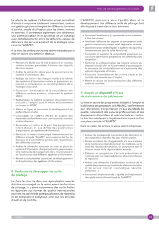 43
Plan de développement 2016-2020
anapec
La refonte du système d’information actuel permettrait
d’aboutir à un système totalement orienté client, basé sur
une gestion globale et intégrée des différents domaines
d’activité, simple d’utilisation pour les clients internes
et externes. Il permettrait également une cohérence,
une communication inter-systèmes et un échange
avec complémentarité entre les différents canaux de
délivrance des services émanant de la stratégie cross-
canal de l’ANAPEC.
A ce titre, les années prochaines seront marquées par la
mise en œuvre des actions ci-dessous.

• Réaliser une étude pour la mise en place d’un nouveau
schéma directeur permettant l’atteinte des objectifs
décrits ci-dessus.
• Arrêter la démarche idoine pour la gouvernance du
système d’information cible.
• Rédiger les cahiers des charges relatifs à la refonte
des systèmes d’information métiers et prestations, en
prenant en considération les recommandations de la
stratégie cross-canal.
• Poursuivre l’amélioration et la consolidation des
différents systèmes existants, notamment le système
SIGEC.
• Redévelopper le système de gestion des programmes
incitatifs à l’emploi dans le même environnement
technique du SIGEC.
• Mettre en ligne et poursuivre le développement du
portail d’auto-emploi.
• Développer un système intégré de gestion des
ressources conformément aux conclusions du nouveau
schéma directeur.
• Renouveler et renforcer le parc des équipements
informatiques et des différentes plateformes
d’exploitation des systèmes d’information.
• Renforcer le réseau informatique interconnectant les
différents sites de l’ANAPEC pour supporter les flux de
données et d’informations générés par l’exploitation
des différents systèmes.
• Arrêter la démarche adéquate de mise en place du
système d’information cible permettant  la pérennisation
et la maîtrise du développement, de la mise en place et
de l’exploitation des différents systèmes d’information.
• Réviser et compléter les procédures de développement
et d’exploitation des systèmes d’information.
8. Renforcer et développer les outils
de pilotage
Le choix de s’inscrire dans une régionalisation avancée
doit être accompagné par le renforcement des fonctions
de pilotage, à travers notamment des outils fiables
et répondant aux normes de qualité internationales
couvrant les activités de contractualisation, de reporting
et de comptabilité analytique ainsi que les activités
d’audit et de contrôle.
L’ANAPEC poursuivra ainsi l’amélioration et le
développement des différents outils de pilotage dont
elle dispose à travers les actions suivantes.

• Poursuivre l’amélioration du système de contractualisation
à tous les niveaux.
• Améliorer l’efficacité des organes de concertation et de
gestion internes aux niveaux local, régional et national.
• Opérationnaliser et développer le système de reporting
Datawarehouse pour le volet Ressources.
• Consolider et exploiter la comptabilité analytique, en
vue d’une optimisation progressive des différents coûts
de gestion.
• Renforcer et professionnaliser les moyens humains du
dispositif d’audit afin de lui permettre d’accompagner
le processus de territorialisation et d’autonomie des
agences régionales et locales.
• Poursuivre l’externalisation des actions d’audit et de
contrôle des mesures pour l’emploi.
• Mettre en œuvre les recommandations des différents
audits et contrôles.
9. Asseoir un dispositif efficace
de maintenance du patrimoine
La mise en œuvre des programmes incitatifs à l’emploi et
la délivrance des prestations de l’ANAPEC, conformément
aux référentiels d’organisation et aux standards de
qualité, nécessitent des espaces professionnels et des
équipements disponibles et opérationnels en continu.
La fonction maintenance du patrimoine occupe à ce titre
une place centrale à l’ANAPEC.
Dans ce cadre, les actions ci-après seront entreprises.

• Evaluer les stratégies de maintenance des bâtiments et
des matériels et identifier les axes d’amélioration.
• Réviser les cahiers des charges relatifs à la sous-traitance
de la maintenance des bâtiments et des matériels, sur la
base des résultats d’évaluation, en perspective avec la
mise en œuvre de la régionalisation avancée.
• Elaborer un programme d’actions préventives et
curatives avec une responsabilisation des acteurs locaux
et régionaux.
• Arrêter une démarche d’amélioration continue de la
qualité des prestations en matière de télécommunication
et de service internet (connectique, sécurité,
protection…).
• Poursuivre l’amélioration de la qualité de l’exploitation
des applications informatiques de l’ANAPEC.
 