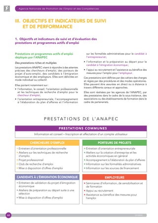 44
Agence Nationale de Promotion de l’Emploi et des Compétences
anapec
Prestations et programmes actifs d’emploi
déployés par l’ANAPEC
Des prestations riches et multiples
Les prestations ANAPEC visent à répondre à des attentes
précises des chercheurs d’emploi, des porteurs de
projet d’auto-emploi, des candidats à l’émigration
économique et des employeurs. Elles sont délivrées en
mode individuel ou collectif.
Elles portent notamment sur :
•  l’information, le conseil, l’orientation professionnelle
et les techniques de recherche d’emploi pour le
chercheur d’emploi ;
•  l’orientation entrepreneuriale, l’accompagnement
à l’élaboration du plan d’affaires et l’information
sur les formalités administratives pour le candidat à
l’entrepreneuriat ;
•  l’information et la préparation au départ pour le
candidat à l’émigration économique ;
•  l’appui au recrutement et l’assistance au bénéfice des
mesures pour l’emploi pour l’employeur.
Ces prestations sont définies par des cahiers des charges
et régies par des procédures et des modes opératoires.
Elles peuvent être assurées en direct ou à distance à
travers différents canaux et approches.
Elles sont réalisées par les agences de l’ANAPEC, par
des prestataires dans le cadre de la sous-traitance, des
associations ou des établissements de formation dans le
cadre de partenariats.
III. OBJECTIFS ET INDICATEURS DE SUIVI
ET DE PERFORMANCE
1. Objectifs et indicateurs de suivi et d’évaluation des
prestations et programmes actifs d’emploi
CANDIDATS À L’ÉMIGRATION ÉCONOMIQUE
• Entretien de validation du projet d’émigration
économique
• Ateliers de préparation au départ suite à une
sélection
• Mise à disposition d’offres d’emploi
P restations de l’ A N A P E C
Prestations communes
Information et conseil – Inscription et affectation d’un compte utilisateur
CHERCHEURS D’EMPLOI
• Entretien d’orientation professionnelle
• Ateliers sur les techniques de recherche
d’emploi
• Projet professionnel
• Club de recherche d’emploi
• Mise à disposition d’offres d’emploi
PORTEURS DE PROJETS
• Entretien d’orientation entrepreneuriale
• Ateliers sur la création d’entreprise et les
activités économiques en général
• Accompagnement à l’élaboration du plan d’affaires
• Information sur les formalités administratives
• Information sur les sources de financement
EMPLOYEURS
• Séminaires d’information, de sensibilisation et
de formation
• Appui au recrutement
• Assistance au bénéfice des mesures pour
l’emploi
 