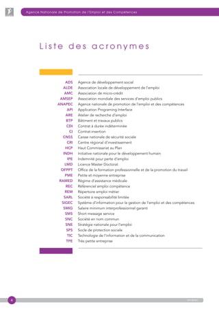 4
Agence Nationale de Promotion de l’Emploi et des Compétences
anapec
L i s t e d e s a c r o n y m e s
	 ADS	 Agence de développement social
	 ALDE	 Association locale de développement de l’emploi
	 AMC	 Association de micro-crédit
	AMSEP	 Association mondiale des services d’emploi publics
	 ANAPEC	Agence nationale de promotion de l’emploi et des compétences
	 API	 Application Programing Interface
	ARE	 Atelier de recherche d’emploi
	 BTP	 Bâtiment et travaux publics
	 CDI	 Contrat à durée indéterminée
	 CI	 Contrat-insertion
	 CNSS	 Caisse nationale de sécurité sociale
	 CRI	 Centre régional d’investissement
	 HCP	 Haut Commissariat au Plan
	INDH	 Initiative nationale pour le développement humain	
	 IPE	 Indemnité pour perte d’emploi
	 LMD	 Licence Master Doctorat
	 OFPPT	Office de la formation professionnelle et de la promotion du travail
	 PME	 Petite et moyenne entreprise
	RAMED	 Régime d’assistance médicale
	 REC	 Référenciel emploi compétence
	 REM	 Répertoire emploi métier	
	 SARL	 Société à responsabilité limitée
	SIGEC	Système d’information pour la gestion de l’emploi et des compétences
	 SMIG	 Salaire minimum interprofessionnel garanti
	 SMS	 Short message service
	 SNC	 Société en nom commun
	 SNE	 Stratégie nationale pour l’emploi
	 SPS	 Socle de protection sociale
	 TIC	 Technologie de l’information et de la communication
	 TPE	 Très petite entreprise
 
