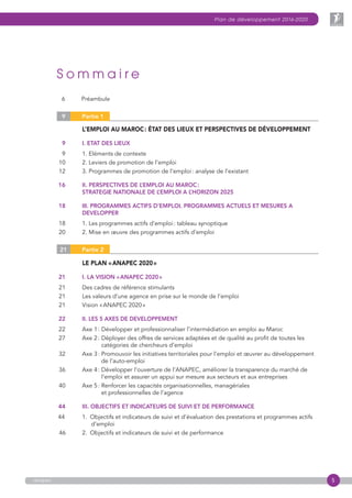 5
Plan de développement 2016-2020
anapec
S o m m a i r e
6 Préambule
	
	 9	 Partie 1
		L’emploi au Maroc : état des lieux et perspectives de développement
	 9	 I. ETAT DES LIEUX
	 9	 1. Eléments de contexte
	 10	 2. Leviers de promotion de l’emploi
	 12	 3. Programmes de promotion de l’emploi : analyse de l’existant
	 16	II. PERSPECTIVES DE L’EMPLOI AU MAROC :
STRATEGIE NATIONALE DE L’EMPLOI A L’HORIZON 2025
	 18	 III. PROGRAMMES ACTIFS D’EMPLOI. PROGRAMMES ACTUELS ET MESURES A 		
		DEVELOPPER
	 18	 1. Les programmes actifs d’emploi : tableau synoptique
	 20	 2. Mise en œuvre des programmes actifs d’emploi
	 21	Partie 2
 Le plan « ANAPEC 2020 »
	 21	 I. LA VISION « ANAPEC 2020 »
	 21	 Des cadres de référence stimulants	
	 21	 Les valeurs d’une agence en prise sur le monde de l’emploi
	 21	 Vision « ANAPEC 2020 »
	 22	II. LES 5 AXES DE DEVELOPPEMENT
	 22	 Axe 1 : Développer et professionnaliser l’intermédiation en emploi au Maroc
	 27	Axe 2 : Déployer des offres de services adaptées et de qualité au profit de toutes les
catégories de chercheurs d’emploi
	 32	Axe 3 : Promouvoir les initiatives territoriales pour l’emploi et œuvrer au développement
de l’auto-emploi
	 36	Axe 4 : Développer l’ouverture de l’ANAPEC, améliorer la transparence du marché de
l’emploi et assurer un appui sur mesure aux secteurs et aux entreprises
	 40	Axe 5 : Renforcer les capacités organisationnelles, managériales
et professionnelles de l’agence
	 44	III. OBJECTIFS ET INDICATEURS DE SUIVI ET DE PERFORMANCE
 44		 1.  Objectifs et indicateurs de suivi et d’évaluation des prestations et programmes actifs	
		d’emploi
46	 2.  Objectifs et indicateurs de suivi et de performance
 