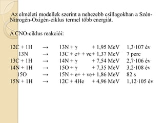 Az elméleti modellek szerint a nehezebb csillagokban a Szén-
Nitrogén-Oxigén-ciklus termel több energiát.
A CNO-ciklus reakciói:
12C + 1H → 13N + γ + 1,95 MeV 1,3·107 év
13N → 13C + e+ + νe+ 1,37 MeV 7 perc
13C + 1H → 14N + γ + 7,54 MeV 2,7·106 év
14N + 1H → 15O + γ + 7,35 MeV 3,2·108 év
15O → 15N + e+ + νe+ 1,86 MeV 82 s
15N + 1H → 12C + 4He + 4,96 MeV 1,12·105 év
 