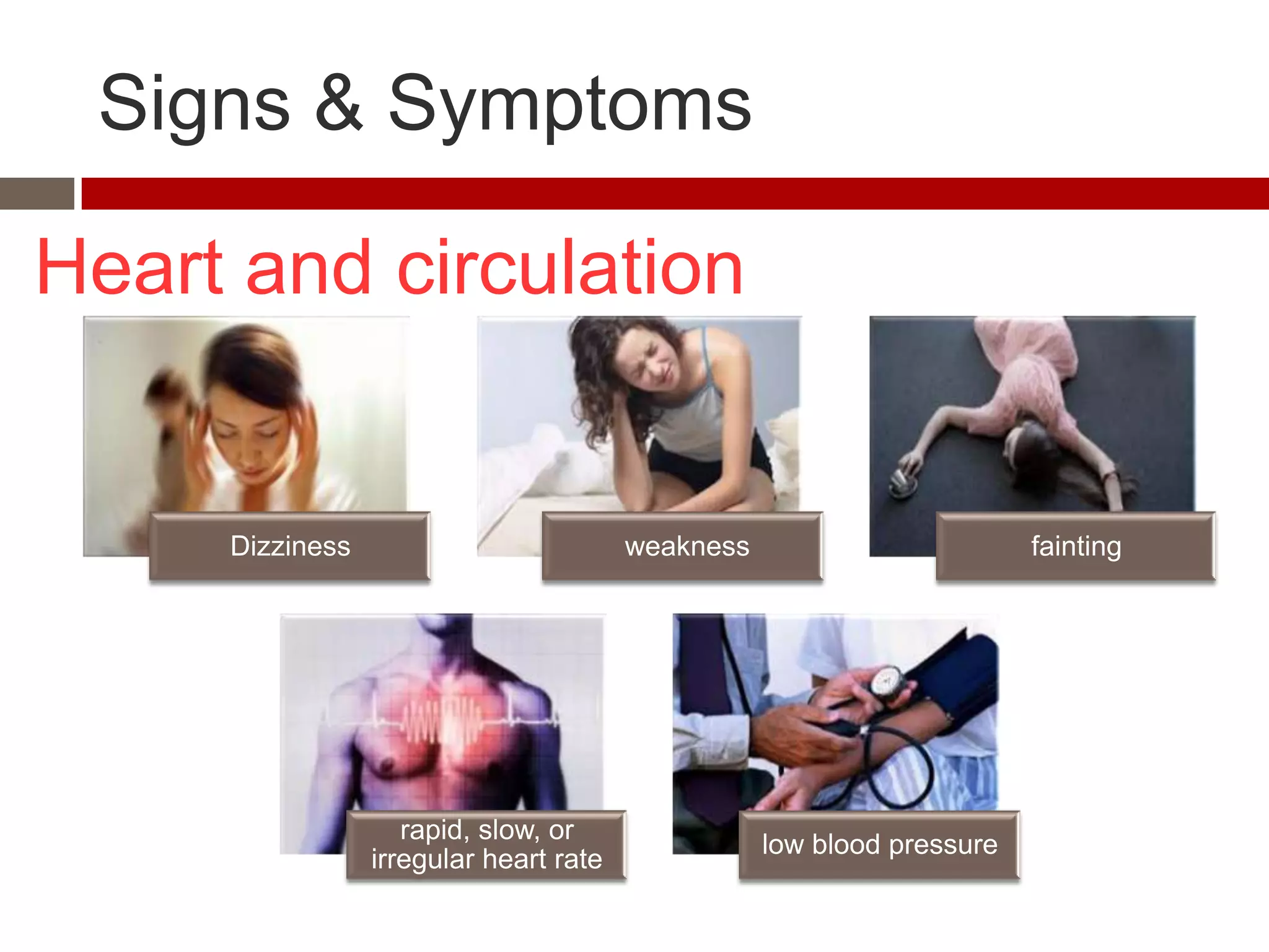 Signs & Symptoms

Heart and circulation


     Dizziness                          weakness                        fainting




                    rapid, slow, or
                                                   low blood pressure
                 irregular heart rate
 