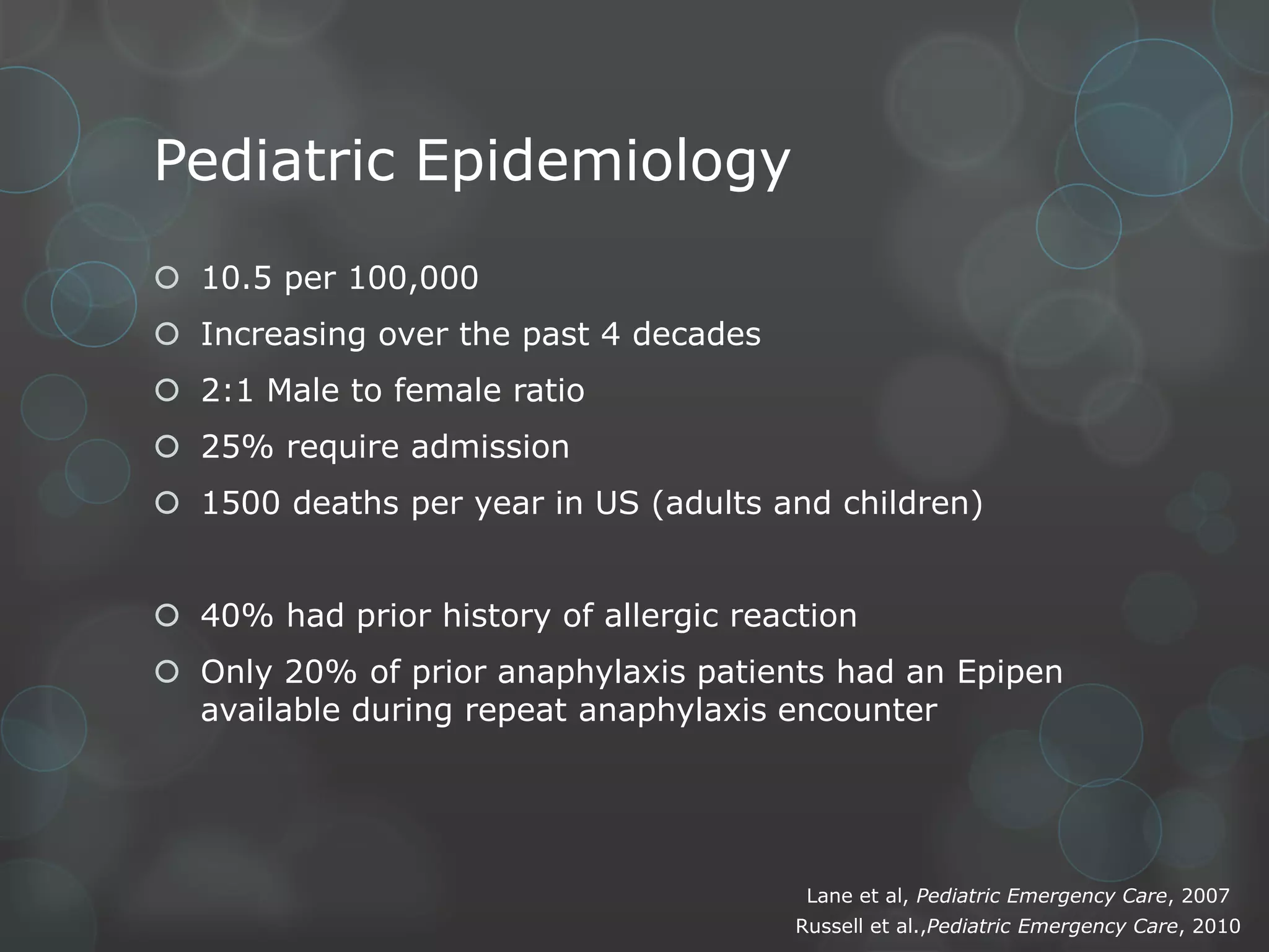 Pediatric Epidemiology
 10.5 per 100,000
 Increasing over the past 4 decades
 2:1 Male to female ratio
 25% require admission
 1500 deaths per year in US (adults and children)

 40% had prior history of allergic reaction
 Only 20% of prior anaphylaxis patients had an Epipen
available during repeat anaphylaxis encounter

Lane et al, Pediatric Emergency Care, 2007
Russell et al.,Pediatric Emergency Care, 2010

 