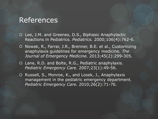 References
 Lee, J.M. and Greenes, D.S., Biphasic Anaphylactic
Reactions in Pediatrics. Pediatrics. 2000;106(4):762-6.
 Nowak, R., Farrar, J.R., Brenner, B.E. et al., Customizing
anaphylaxis guidelines for emergency medicine. The
Journal of Emergency Medicine. 2013;45(2):299-305.
 Lane, R.D. and Bolte, R.G., Pediatric anaphylaxis.
Pediatric Emergency Care. 2007;23(1):49-56.
 Russell, S., Monroe, K., and Losek, J., Anaphylaxis
management in the pediatric emergency department.
Pediatric Emergency Care. 2010;26(2):71-76.

 
