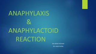 ANAPHYLAXIS
&
ANAPHYLACTOID
REACTION DR VEENA MOHAN
JR1 ANESTHESIA
 