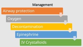 Management
Airway protection
Oxygen
Decontamination
Epinephrine
IV Crystalloids
 