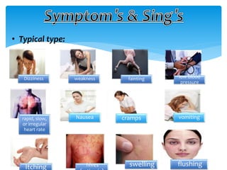 • Typical type:
Dizziness weakness fainting
rapid, slow,
or irregular
heart rate
low blood
pressure
Nausea vomitingcramps
Itcing swlling around
the eyesItching flushinghives swelling
 