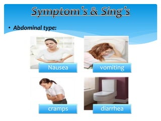 • Abdominal type:
Nausea vomiting
cramps diarrhea
 