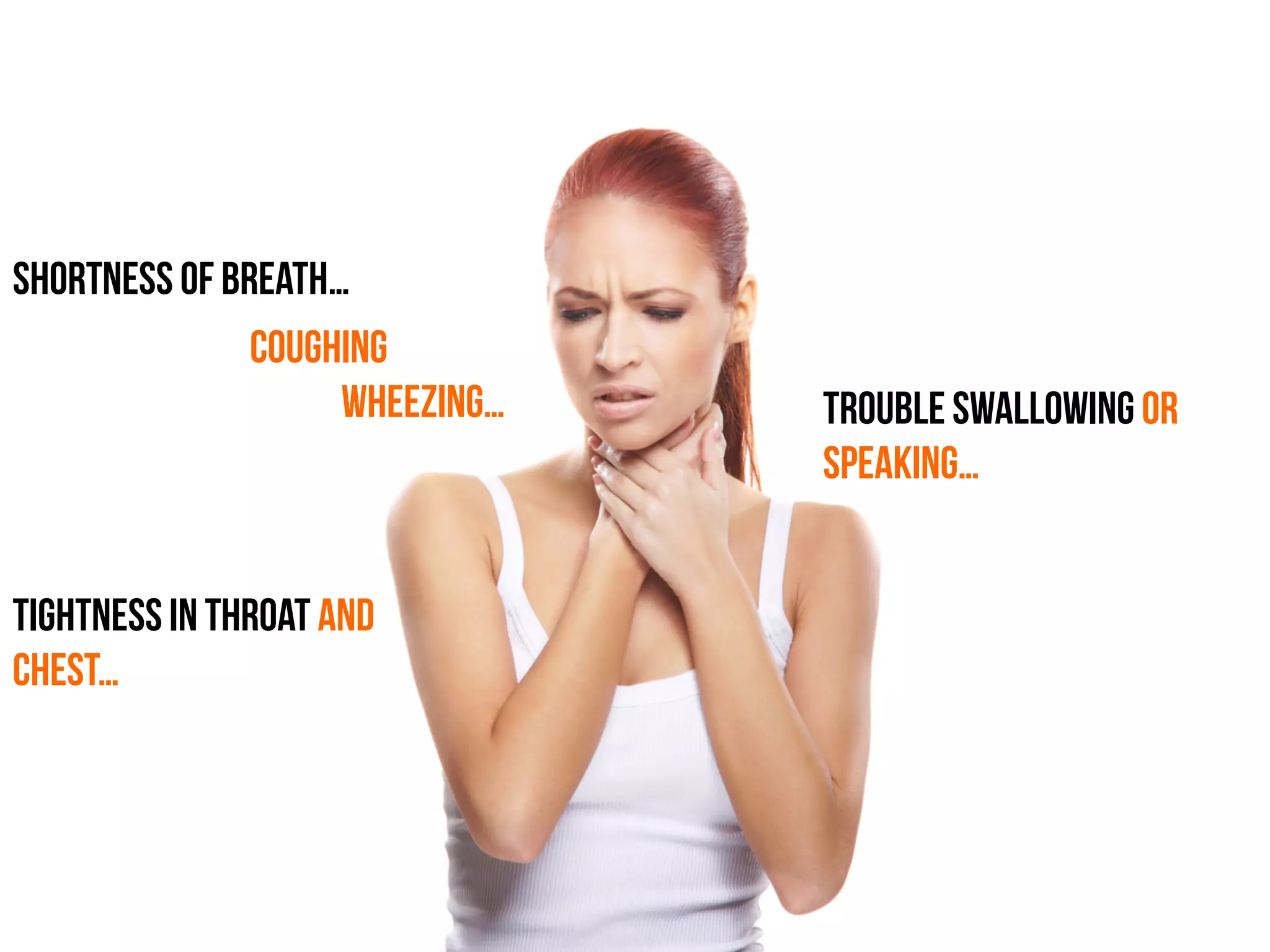 Shortness of breath…
Trouble swallowing or
speaking…
Tightness in throat and
chest…
Coughing
wheezing…
 