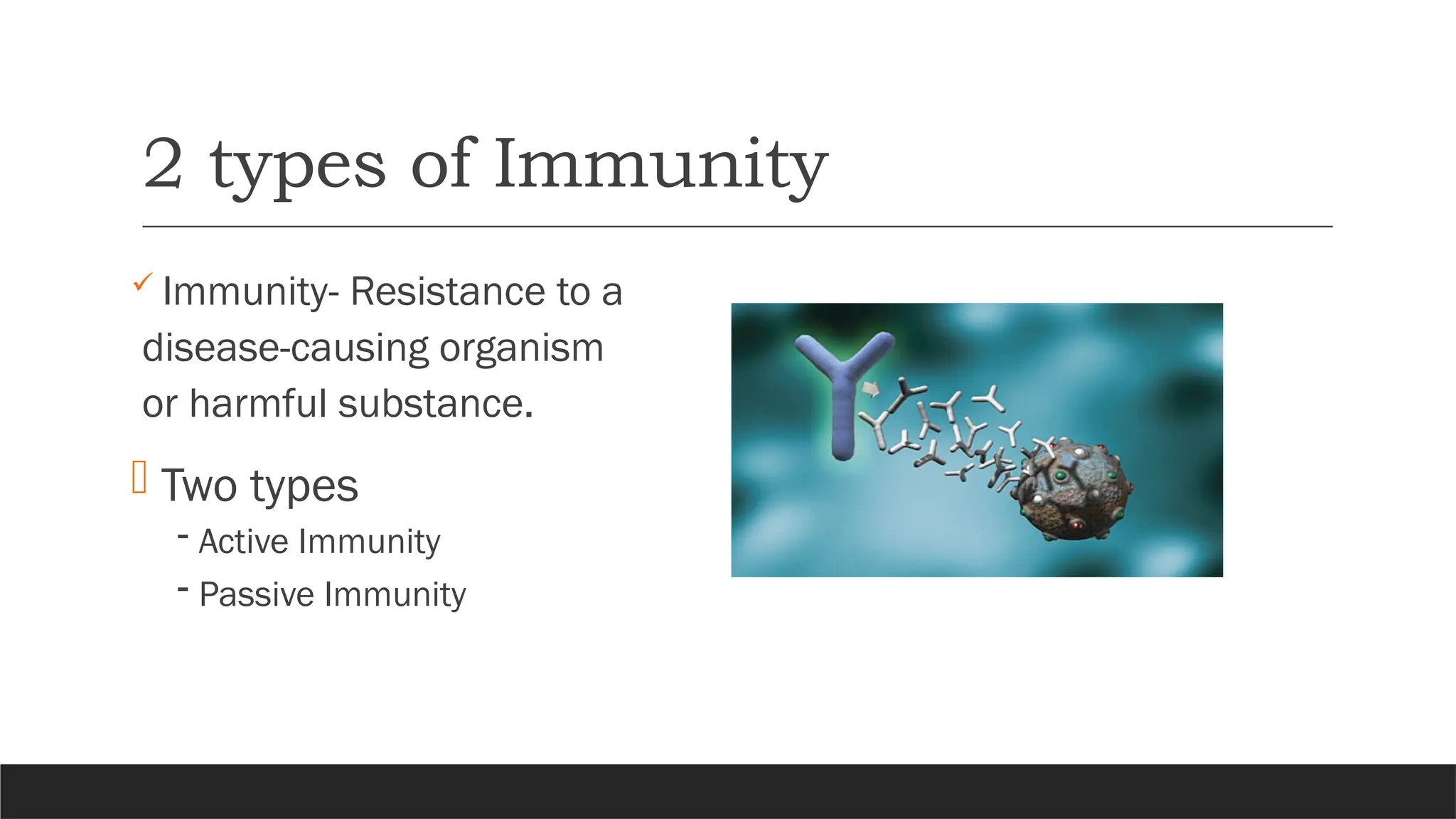 2 types of Immunity
 Immunity- Resistance to a
disease-causing organism
or harmful substance.
- Two types
- Active Immunity
- Passive Immunity
 