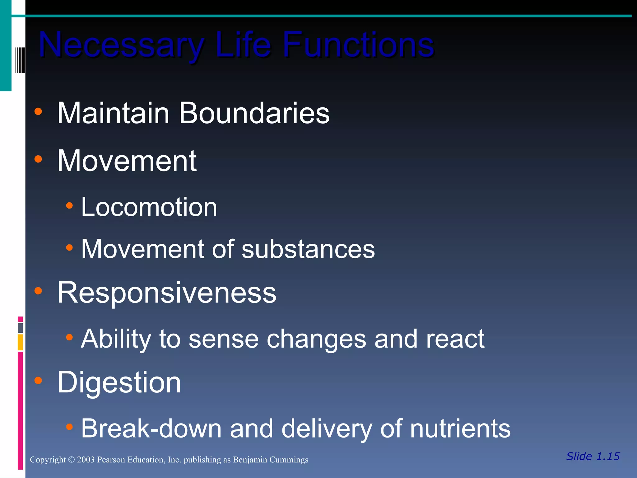 Slide 1.15 Necessary Life Functions Copyright © 2003 Pearson Education, Inc. publishing as Benjamin Cummings Maintain Boundaries Movement Locomotion Movement of substances Responsiveness Ability to sense changes and react Digestion Break-down and delivery of nutrients 