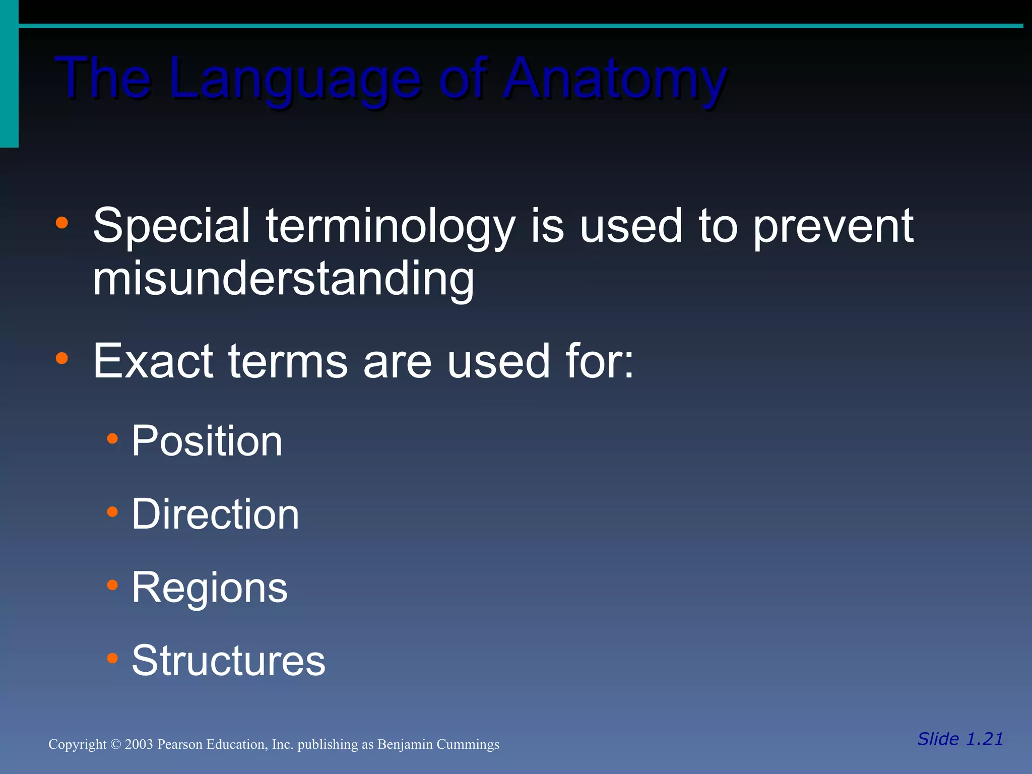 The Language of Anatomy Slide 1.21 Copyright © 2003 Pearson Education, Inc. publishing as Benjamin Cummings Special terminology is used to prevent misunderstanding Exact terms are used for: Position Direction Regions Structures 