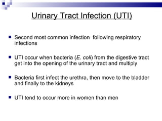 Urinary Tract Infection (UTI) Second most common infection  following respiratory infections  UTI occur when bacteria ( E. coli ) from the digestive tract get into the opening of the urinary tract and multiply Bacteria first infect the urethra, then move to the bladder and finally to the kidneys  UTI tend to occur more in women than men 