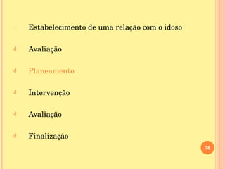 Estabelecimento de uma relação com o idoso Avaliação Planeamento Intervenção Avaliação Finalização 