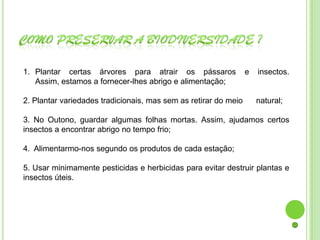 1. Plantar certas árvores para atrair os pássaros                e   insectos.
   Assim, estamos a fornecer-lhes abrigo e alimentação;

2. Plantar variedades tradicionais, mas sem as retirar do meio       natural;

3. No Outono, guardar algumas folhas mortas. Assim, ajudamos certos
insectos a encontrar abrigo no tempo frio;

4. Alimentarmo-nos segundo os produtos de cada estação;

5. Usar minimamente pesticidas e herbicidas para evitar destruir plantas e
insectos úteis.
 