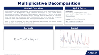 Multiplicative Decomposition
Decomposition Method separates the time-series into trend, cyclic, seasonality and error
components. The Multiplicative Model identifies seasonality in data which follows
geometric progression. The process of decomposition is as follows. The time-series is de-
trended by the process of centered moving average, then the trend line is calculated.
Using the actual and de-trended data, the seasonality and error factor are computed.
Finally, the trend line * seasonality and error factor provide the future forecast.
When 2+ years of historical data with clear seasonality are provided, this method is often
times identified as the best fit forecast method.
Advantage:
Very useful in Identifying Time-Series
overall Level, Trend and Seasonality Pattern
Treats: Level, Trend, Seasonality
Disadvantage:
*See appendix for detailed formula
Method Overview Quick Facts
Formula Output
Min. number of periods: 24
F" = T" ∗ C ∗ SA" ∗ ε
 