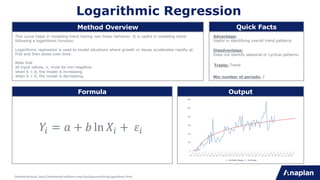 Logarithmic Regression
This curve helps in modeling trend having non-linear behavior. It is useful in modeling trend
following a logarithmic function.
Logarithmic regression is used to model situations where growth or decay accelerates rapidly at
first and then slows over time.
Note that
all input values, x, must be non-negative.
when b > 0, the model is increasing.
when b < 0, the model is decreasing.
Advantage:
Useful in identifying overall trend patterns
Treats: Trend
Disadvantage:
Does not identify seasonal or cyclical patterns.
Detailed formula: http://mathworld.wolfram.com/LeastSquaresFittingLogarithmic.html
!" = $ + & ln )" + *"
Min number of periods: 2
Method Overview Quick Facts
Formula Output
 