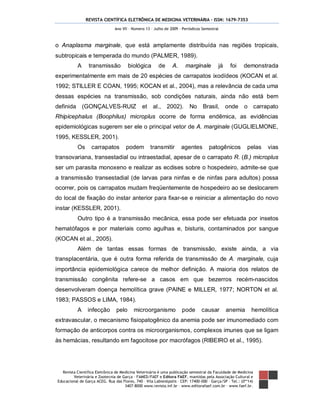 REVISTA CIENTÍFICA ELETRÔNICA DE MEDICINA VETERINÁRIA – ISSN: 1679-7353
Revista Científica Eletrônica de Medicina Veterinária é uma publicação semestral da Faculdade de Medicina
Veterinária e Zootecnia de Garça – FAMED/FAEF e Editora FAEF, mantidas pela Associação Cultural e
Educacional de Garça ACEG. Rua das Flores, 740 – Vila Labienópolis – CEP: 17400-000 – Garça/SP – Tel.: (0**14)
3407-8000 www.revista.inf.br – www.editorafaef.com.br – www.faef.br.
Ano VII – Número 13 – Julho de 2009 – Periódicos Semestral
o Anaplasma marginale, que está amplamente distribuída nas regiões tropicais,
subtropicais e temperada do mundo (PALMER, 1989).
A transmissão biológica de A. marginale já foi demonstrada
experimentalmente em mais de 20 espécies de carrapatos ixodídeos (KOCAN et al.
1992; STILLER E COAN, 1995; KOCAN et al., 2004), mas a relevância de cada uma
dessas espécies na transmissão, sob condições naturais, ainda não está bem
definida (GONÇALVES-RUIZ et al., 2002). No Brasil, onde o carrapato
Rhipicephalus (Boophilus) microplus ocorre de forma endêmica, as evidências
epidemiológicas sugerem ser ele o principal vetor de A. marginale (GUGLIELMONE,
1995, KESSLER, 2001).
Os carrapatos podem transmitir agentes patogênicos pelas vias
transovariana, transestadial ou intraestadial, apesar de o carrapato R. (B.) microplus
ser um parasita monoxeno e realizar as ecdises sobre o hospedeiro, admite-se que
a transmissão transestadial (de larvas para ninfas e de ninfas para adultos) possa
ocorrer, pois os carrapatos mudam freqüentemente de hospedeiro ao se deslocarem
do local de fixação do instar anterior para fixar-se e reiniciar a alimentação do novo
instar (KESSLER, 2001).
Outro tipo é a transmissão mecânica, essa pode ser efetuada por insetos
hematófagos e por materiais como agulhas e, bisturis, contaminados por sangue
(KOCAN et al., 2005).
Além de tantas essas formas de transmissão, existe ainda, a via
transplacentária, que é outra forma referida de transmissão de A. marginale, cuja
importância epidemiológica carece de melhor definição. A maioria dos relatos de
transmissão congênita refere-se a casos em que bezerros recém-nascidos
desenvolveram doença hemolítica grave (PAINE e MILLER, 1977; NORTON et al.
1983; PASSOS e LIMA, 1984).
A infecção pelo microorganismo pode causar anemia hemolítica
extravascular, o mecanismo fisiopatogênico da anemia pode ser imunomediado com
formação de anticorpos contra os microorganismos, complexos imunes que se ligam
às hemácias, resultando em fagocitose por macrófagos (RIBEIRO et al., 1995).
 